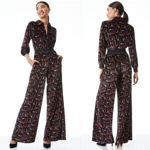 Alice + Olivia Danae Jumpsuit Velvet Floral Zipper Collar Pockets Wide Leg Boot